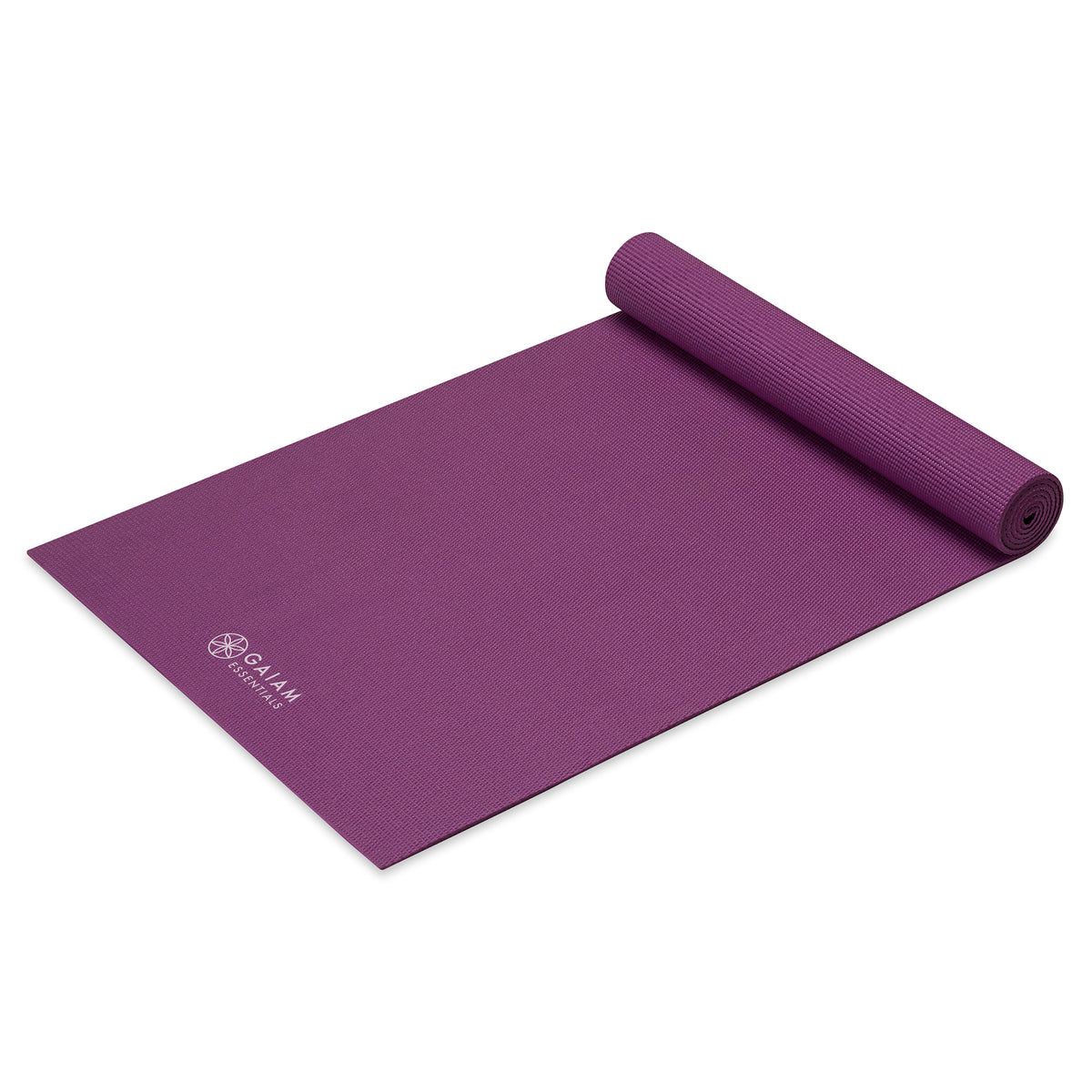 Gaiam Essentials Yoga Mat Purple top rolled angle