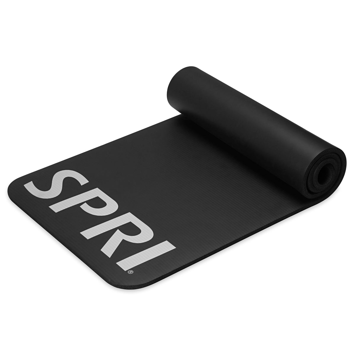 SPRI 12mm Pro Fitness Mat Black top rolled angle