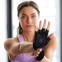 Person wearing Grippy Yoga Gloves with hand facing forward to showoff the palm texture