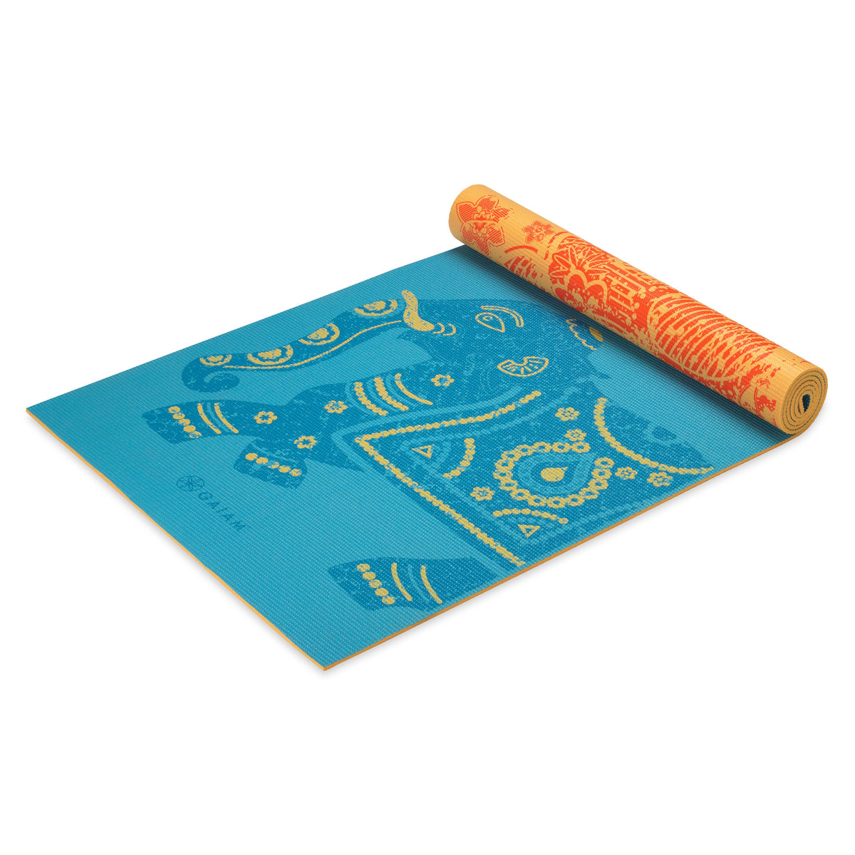 Gaiam Reversible Elephant Yoga Mat (6mm) top rolled angle