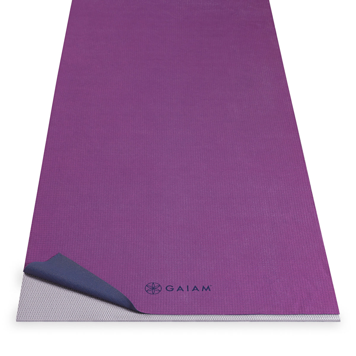 Gaiam No-Slip Yoga Towel Purple/Navy on mat