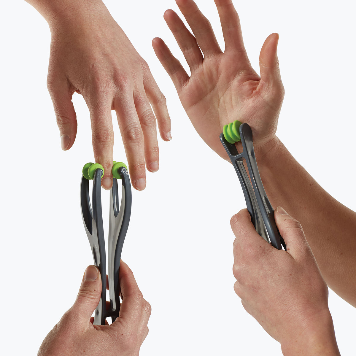 Showing 2 different ways to use the Dual Finger Massager