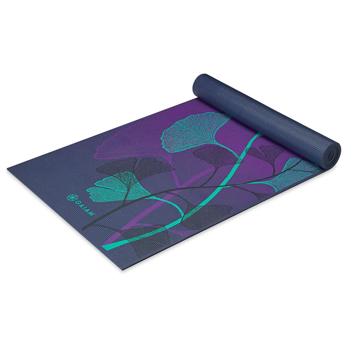 Gaiam Premium Lily Shadows Yoga Mat (6mm) top rolled angle