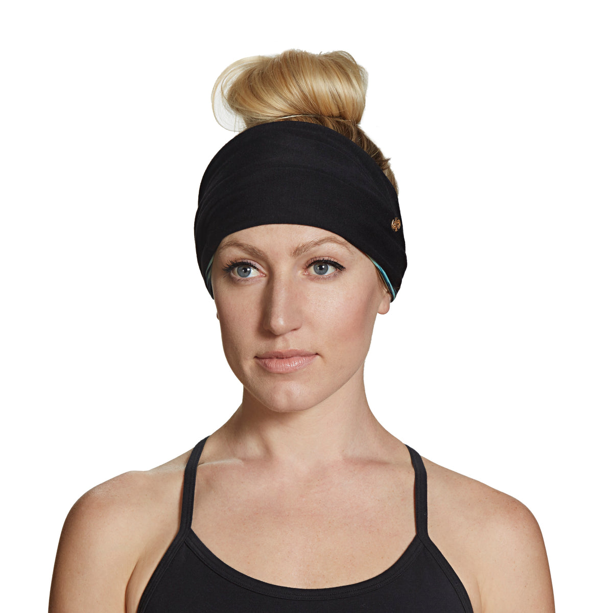 Gaiam Extra-Wide Headband black side on model front