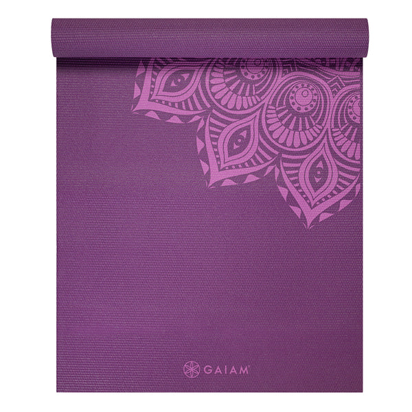 Gaiam Premium Purple Mandala Yoga Mat (6mm) top rolled