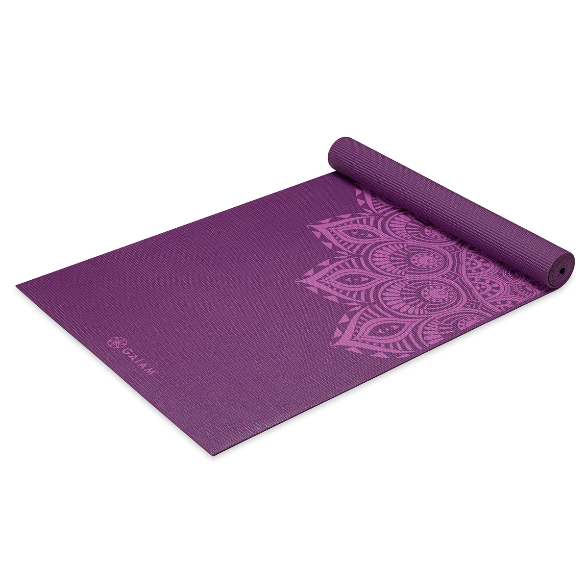 Gaiam Premium Purple Mandala Yoga Mat (6mm) top rolled angle