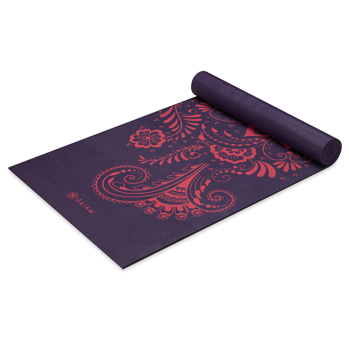 Gaiam Premium Aubergine Swirl Yoga Mat (6mm) top rolled angle