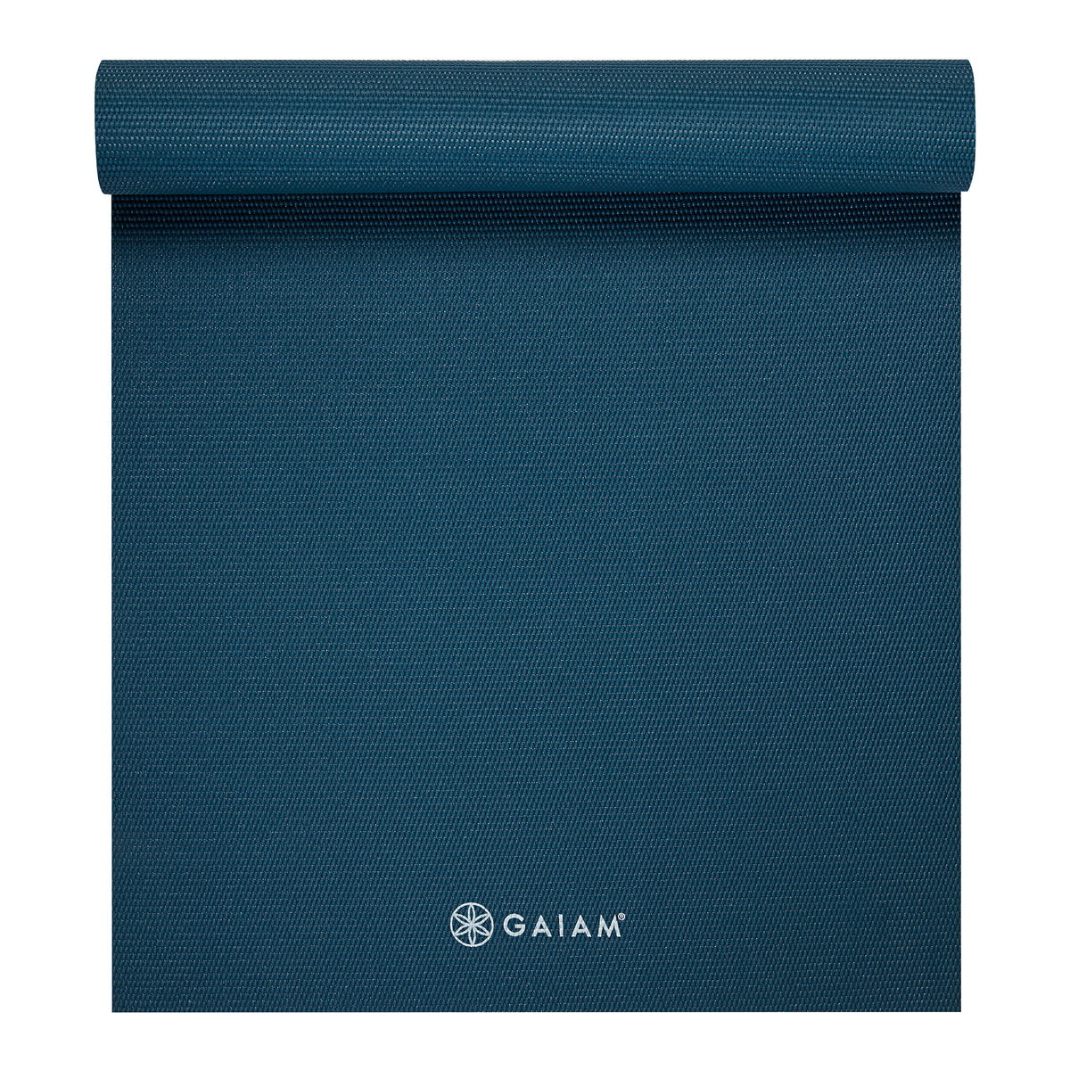 Gaiam Classic Solid Color Yoga Mat (5mm) Marine top rolled