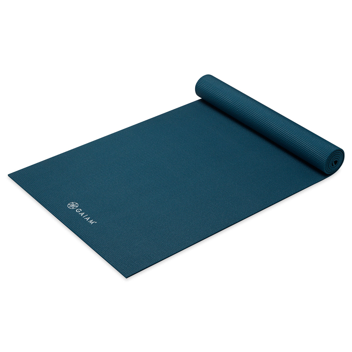 Gaiam Classic Solid Color Yoga Mat (5mm) Marine top rolled angle