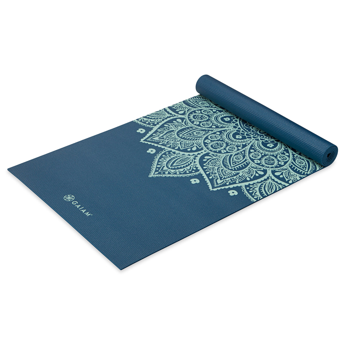 Gaiam Cool Mint Sundial Yoga Mat (5mm) Indigo top rolled angle