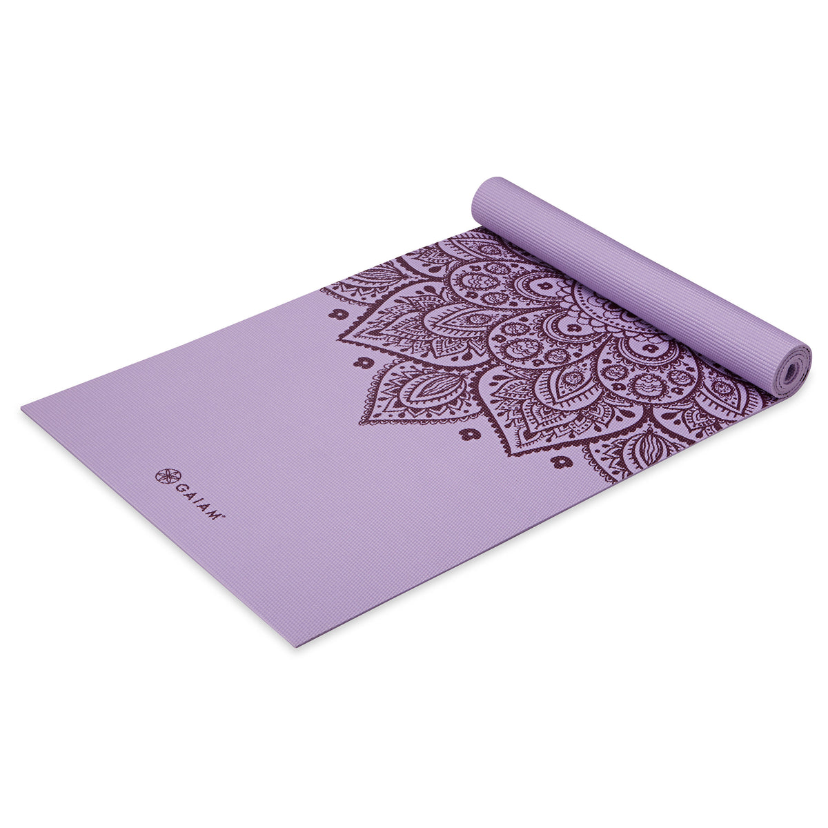 Gaiam Cool Mint Sundial Yoga Mat (5mm) New Lilac top rolled angle
