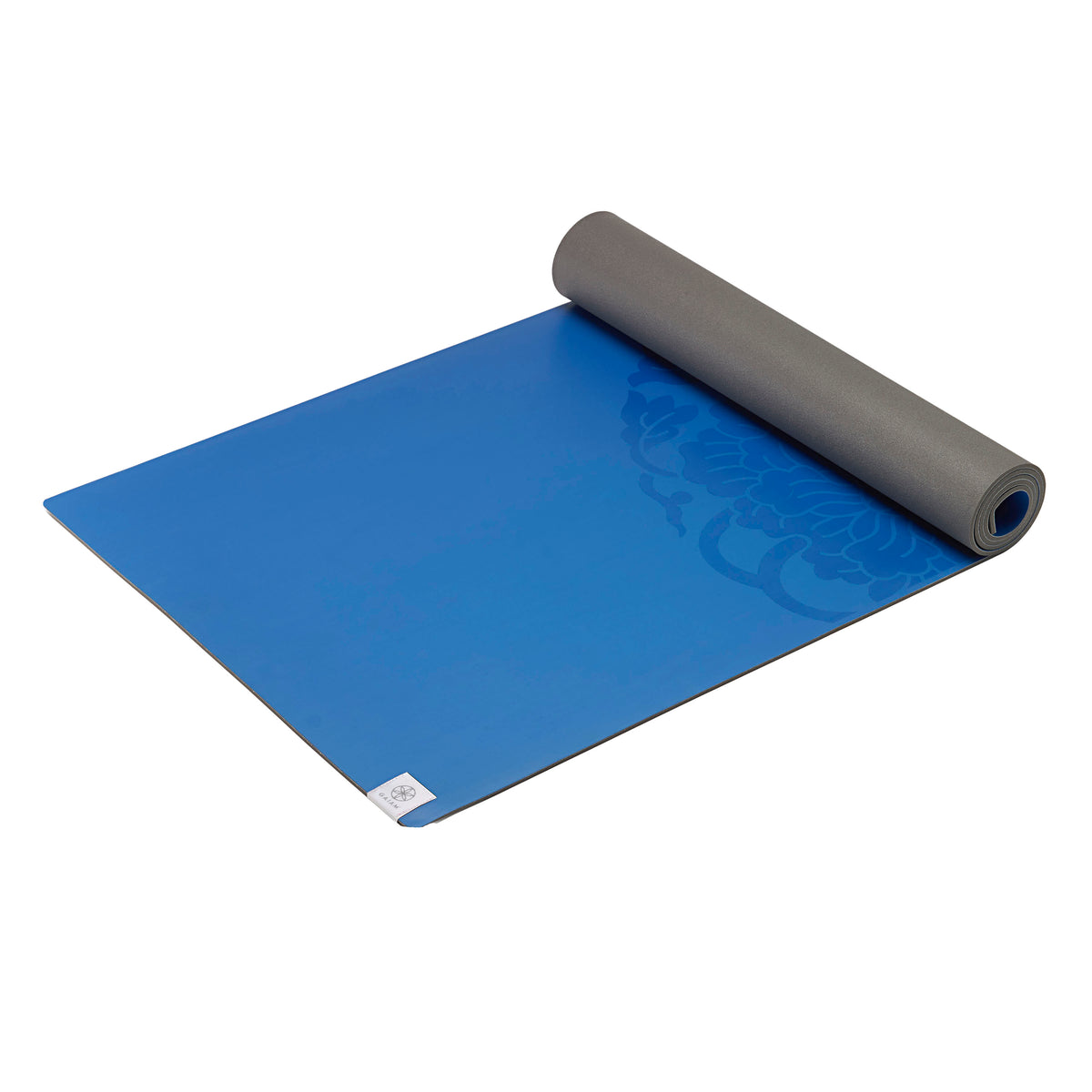 Gaiam Performance Dry-Grip Yoga Mat (5mm) Blue top rolled angle