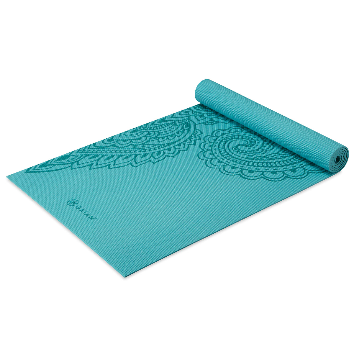 Gaiam Paisley Frost Yoga Mat (5mm) tope rolled angle