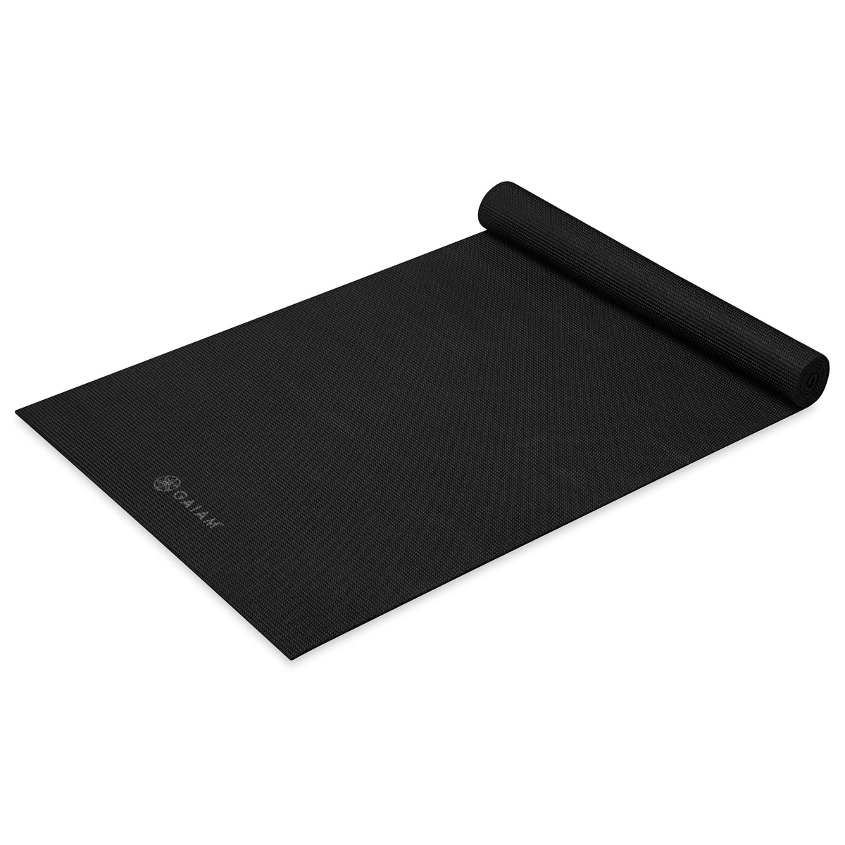 Gaiam Classic Solid Color Yoga Mat (5mm) Black top rolled angle