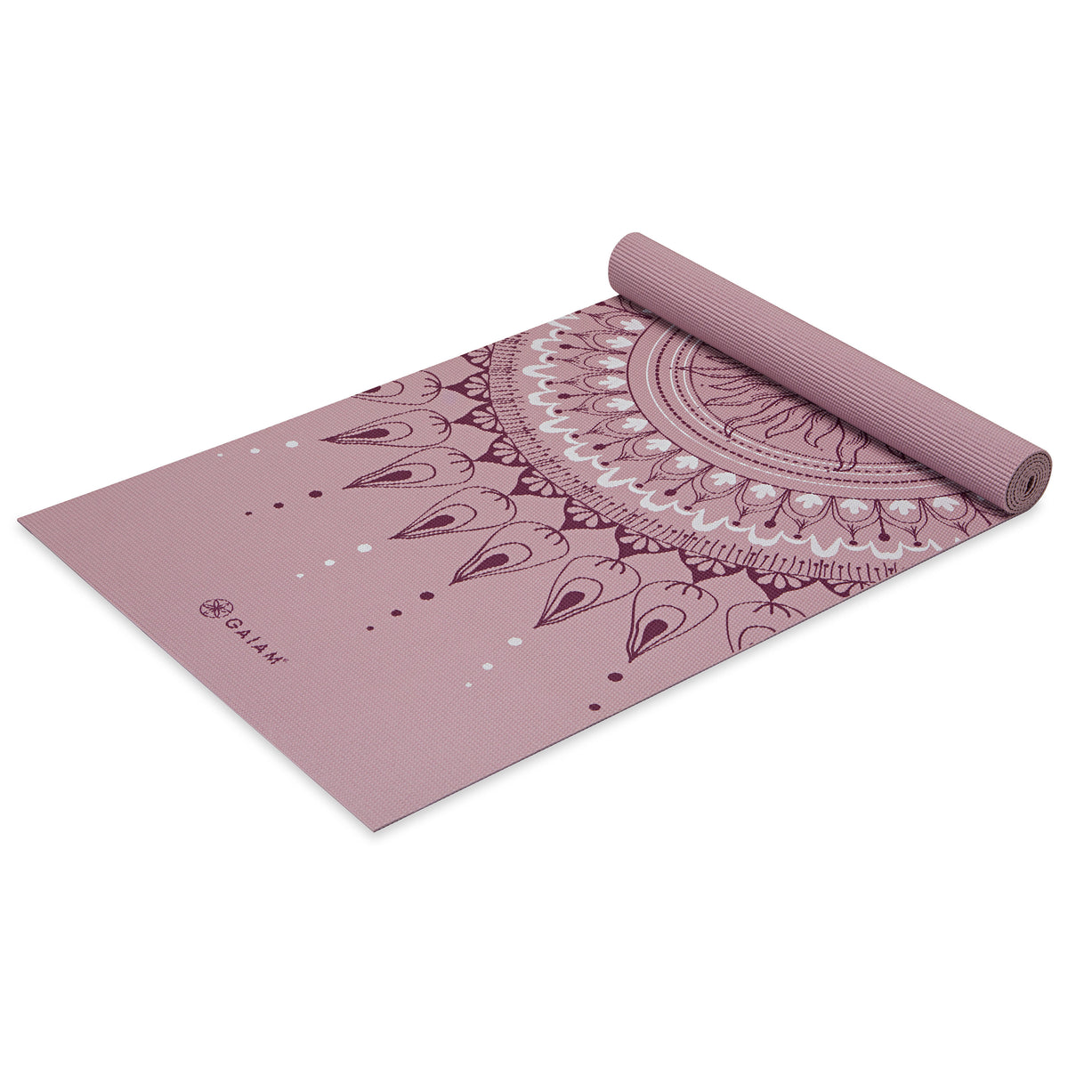 Gaiam Here & Now Yoga Mat (4mm) Dusty Rose top rolled angle