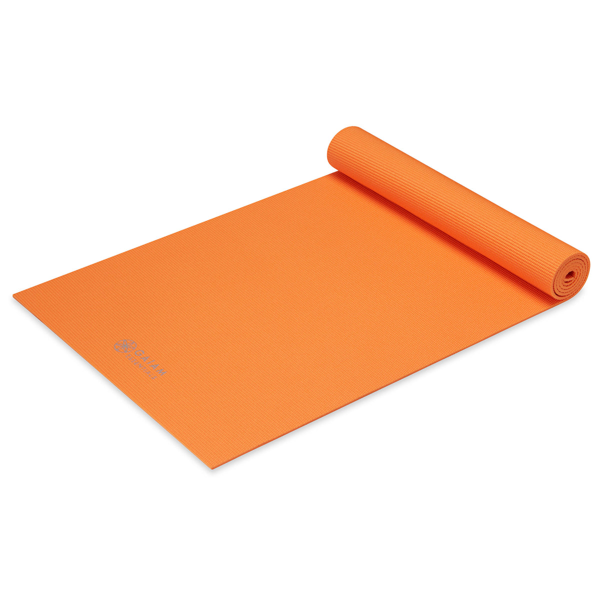 Gaiam Essentials Yoga Mat (6mm) Orange top rolled angle