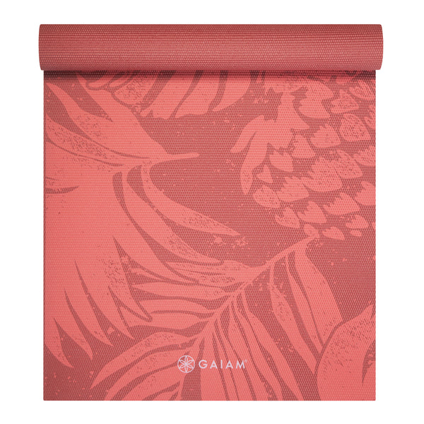 Gaiam Tropical Sunrise Printed Yoga Mat (4mm) top rolled