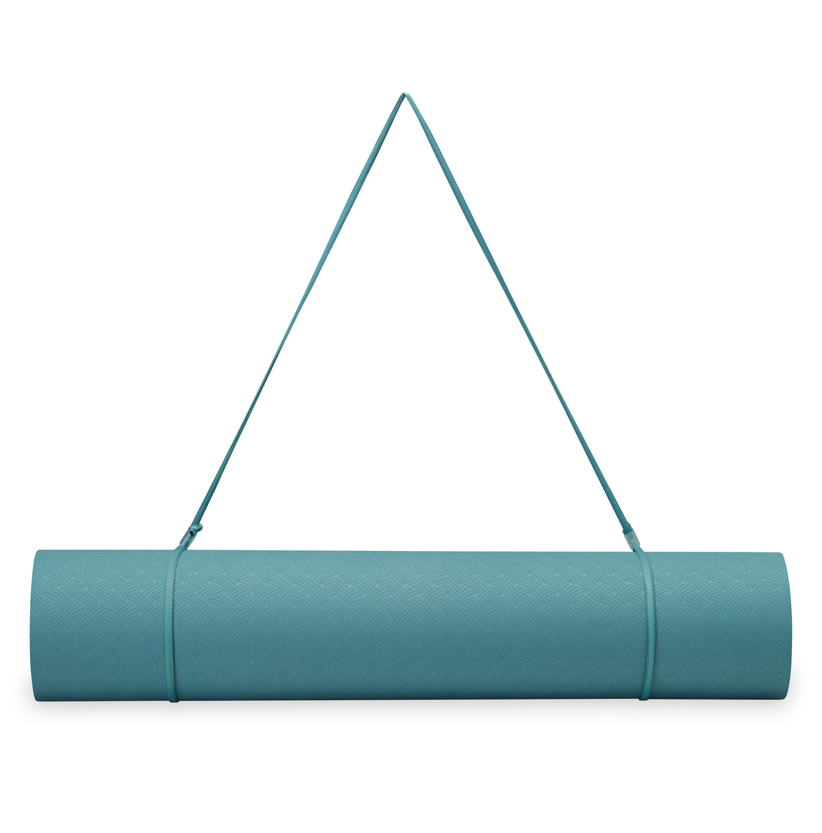 Gaiam Performance Yoga Mat (6mm) Seafoam/Dusty Pink rolled up with sling