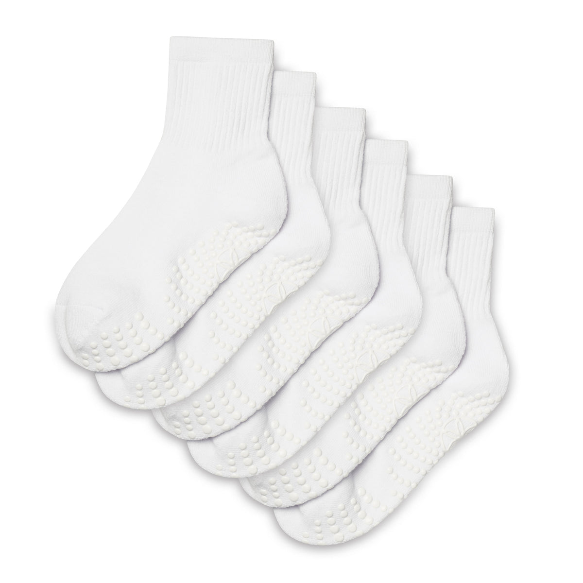 Set of five white socks with textured sole on a white background