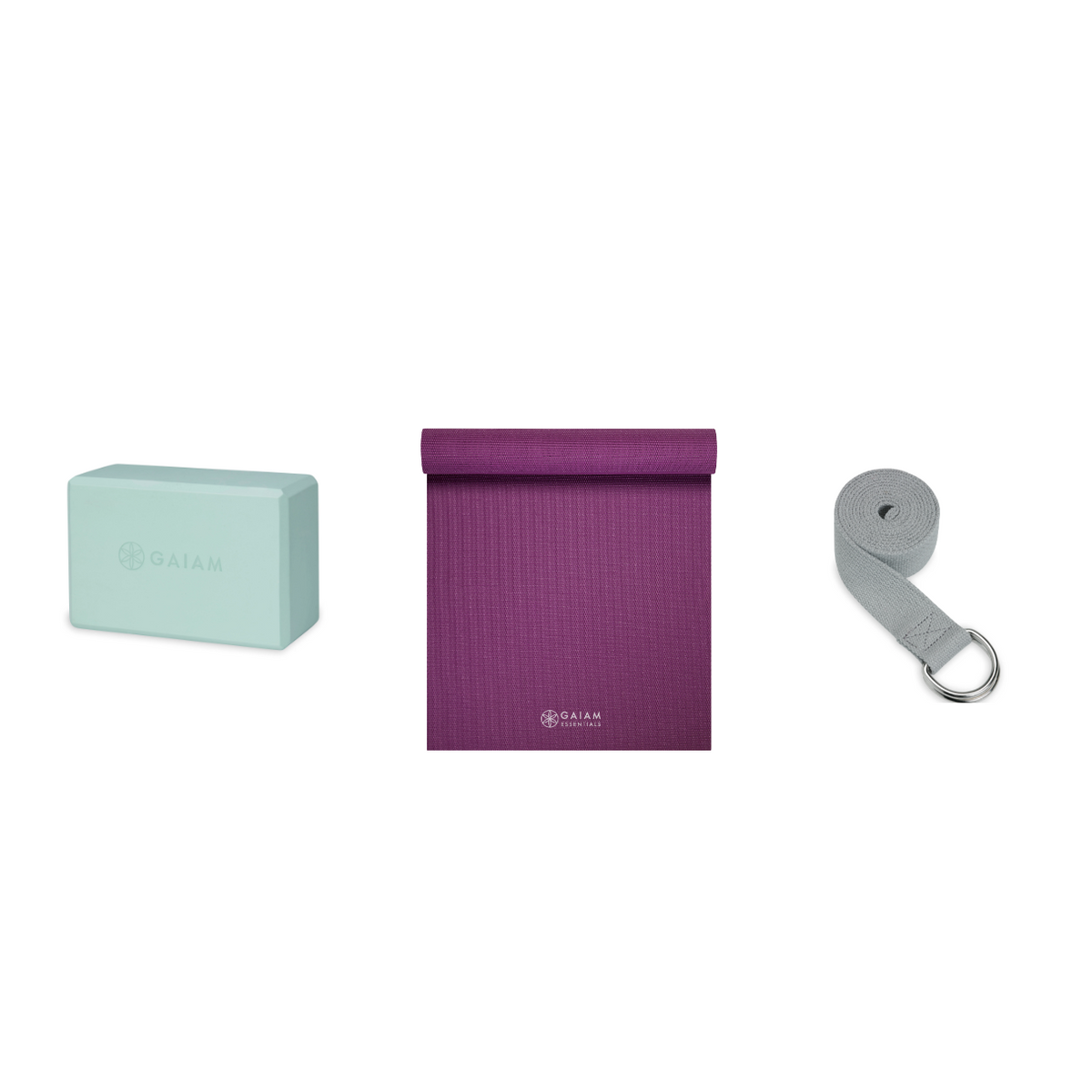 Yoga Bundle - Block (Cool Mint), Mat (Purple), Strap (Grey)