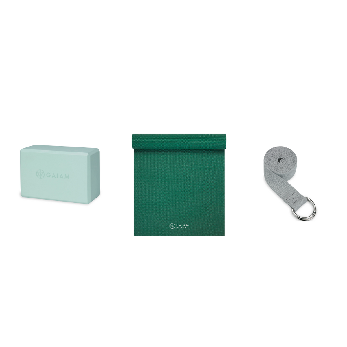 Yoga Bundle - Block (Cool Mint), Mat (Green), Strap (Grey)