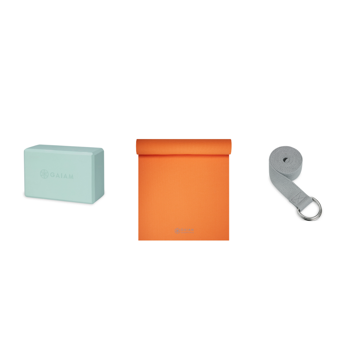 Yoga Bundle - Block (Cool Mint), Mat (Orange), Strap (Grey)