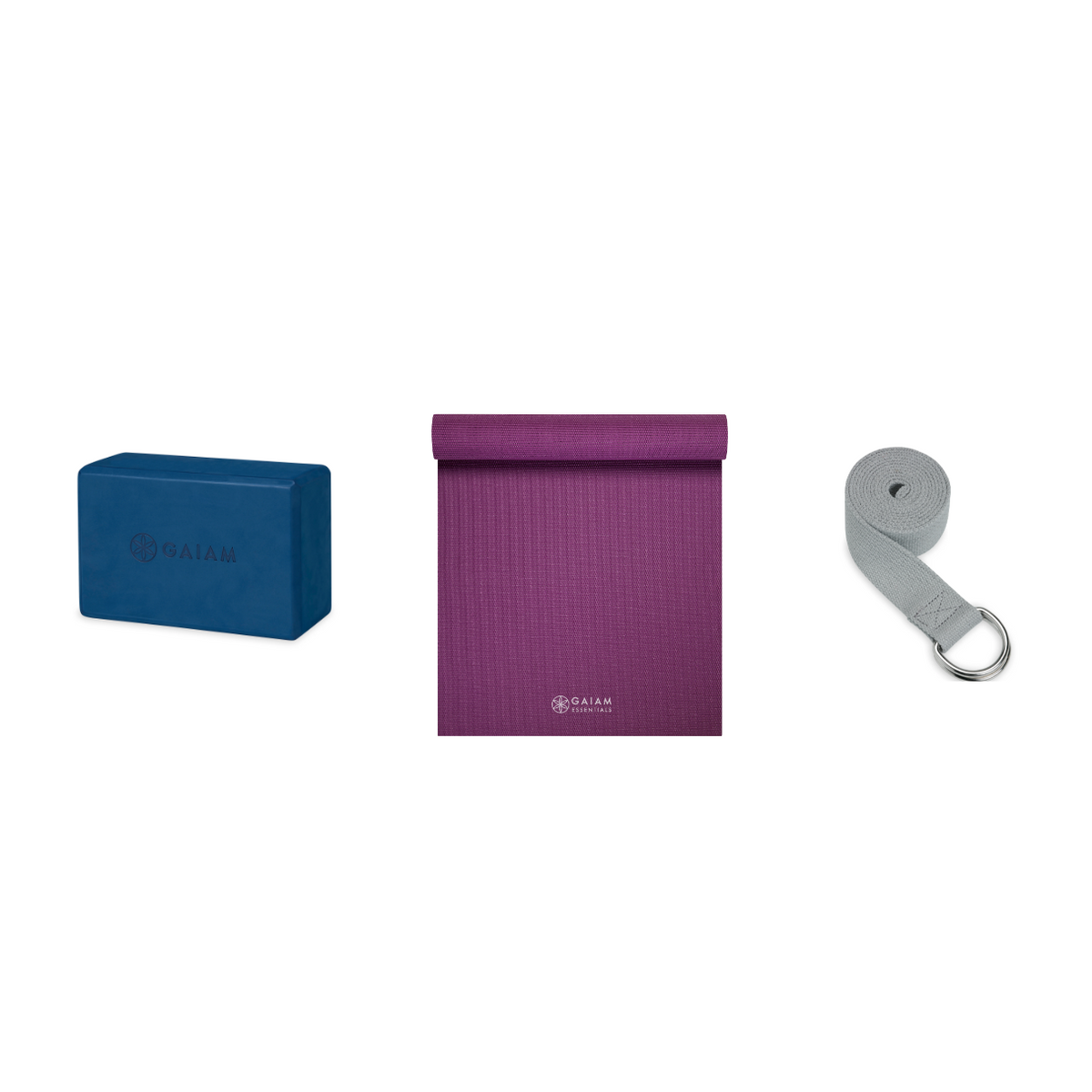 Yoga Bundle - Block (Indigo Ink), Mat (Purple), Strap (Grey)