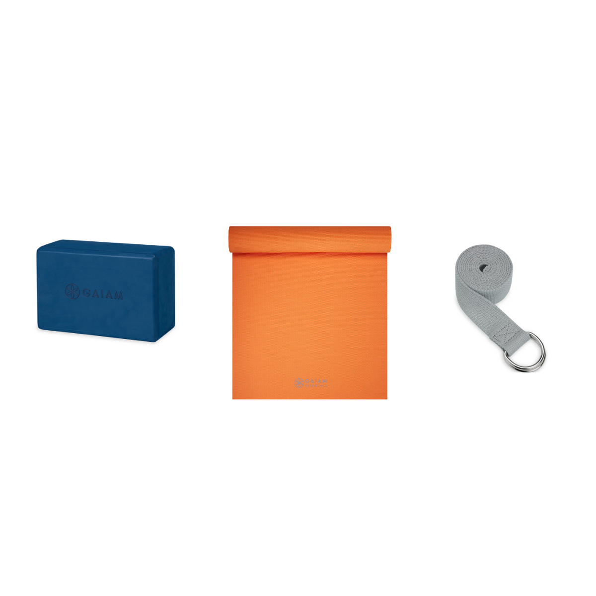 Yoga Bundle - Block (Indigo Ink), Mat (Orange), Strap (Grey)