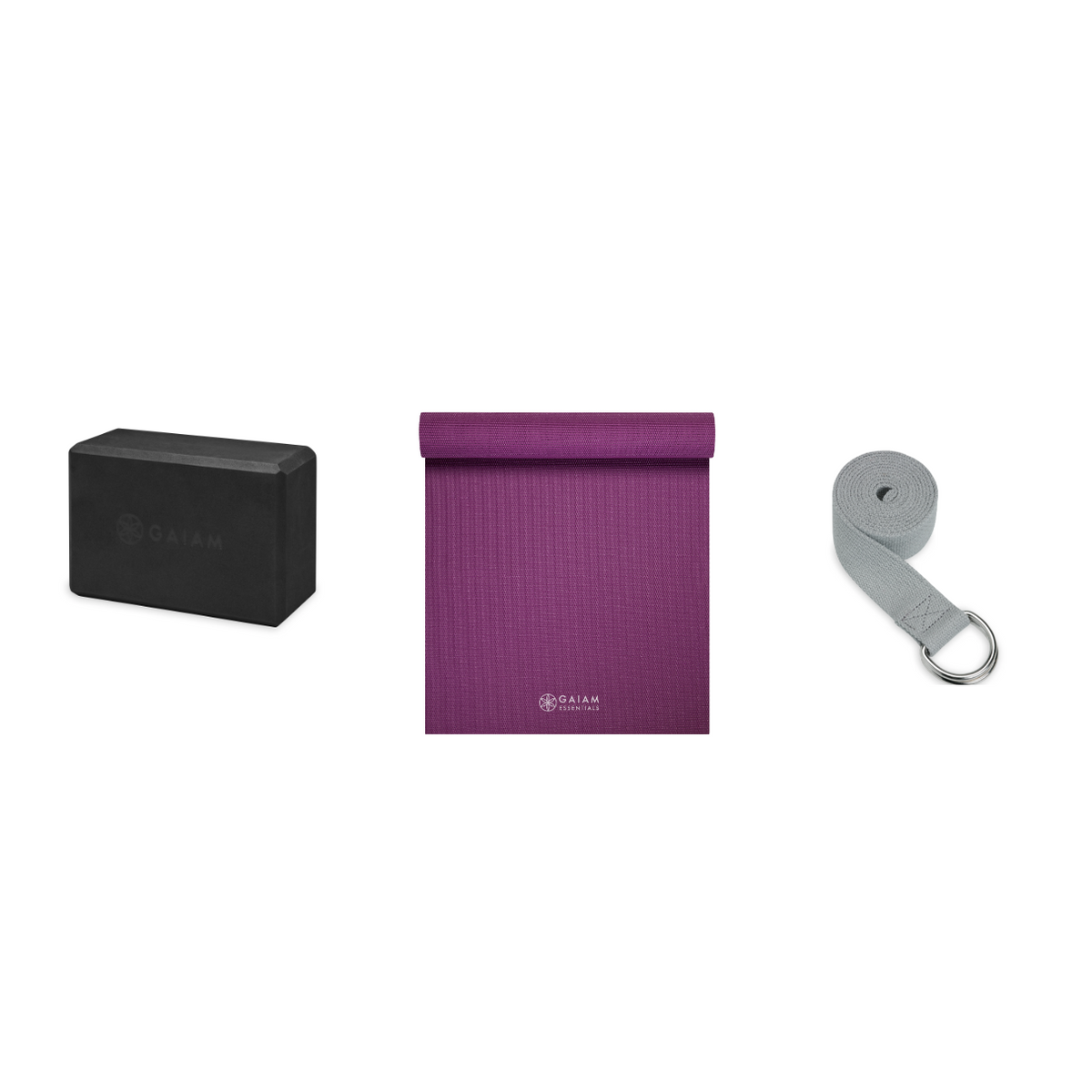 Yoga Bundle - Block (Black), Mat (Purple), Strap (Grey)