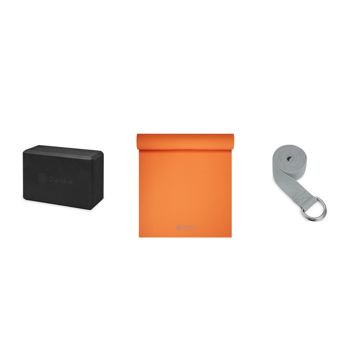 Yoga Bundle - Block (Black), Mat (Orange), Strap (Grey)