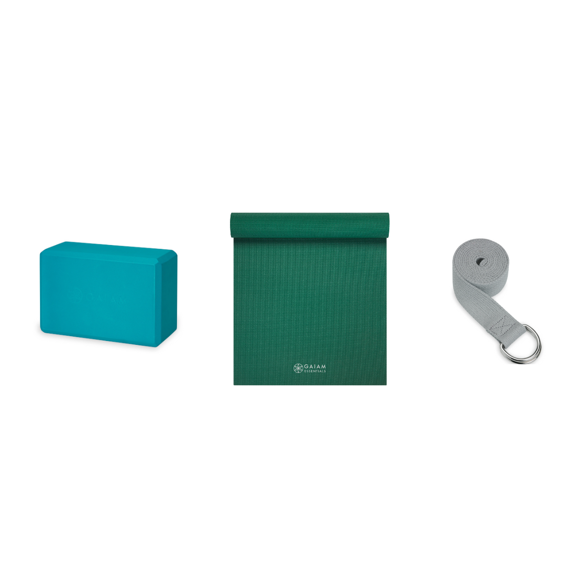 Yoga Bundle - Block (Vivid Blue), Mat (Green), Strap (Grey)