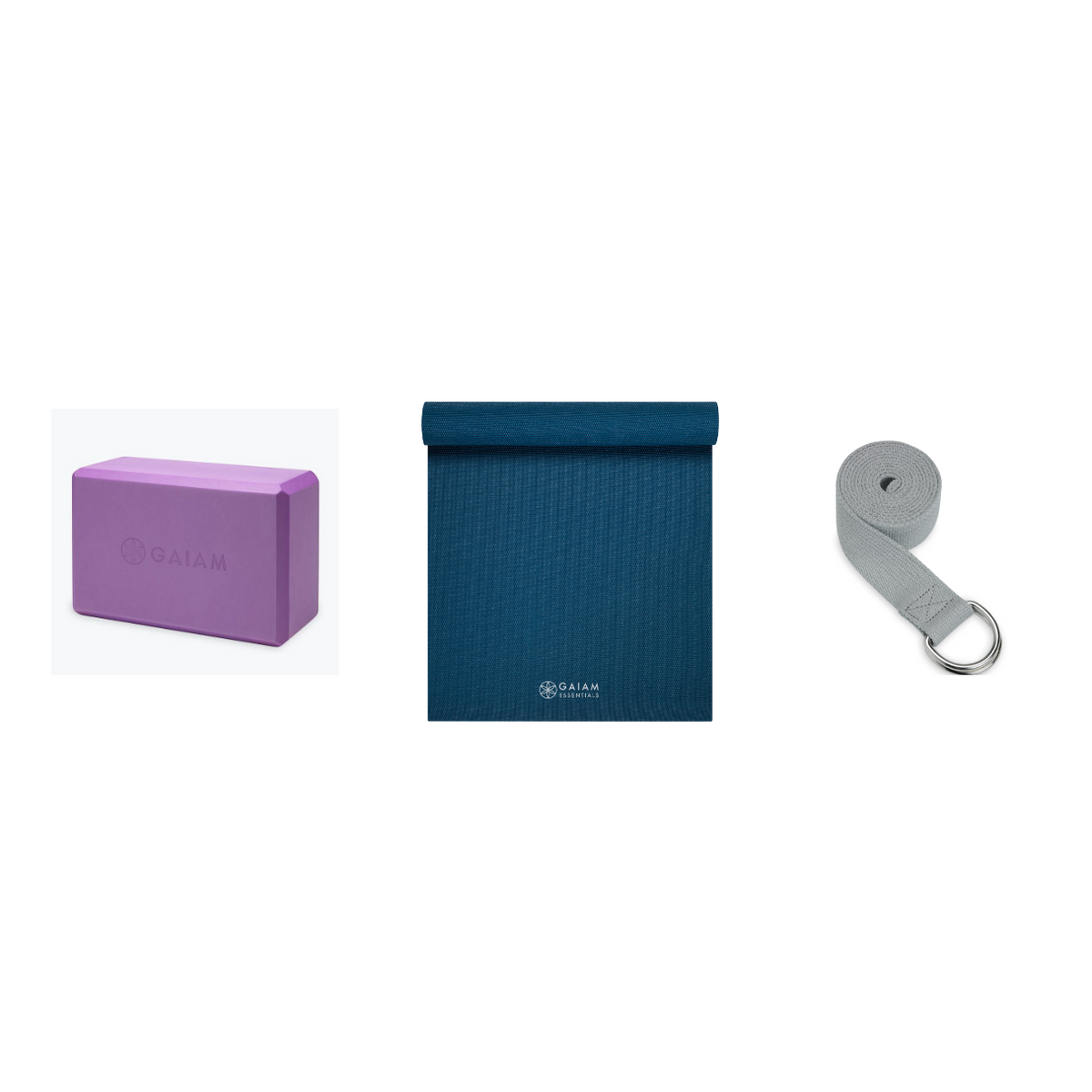 Yoga Bundle - Block (Light Purple), Mat (Navy), Strap (Grey)