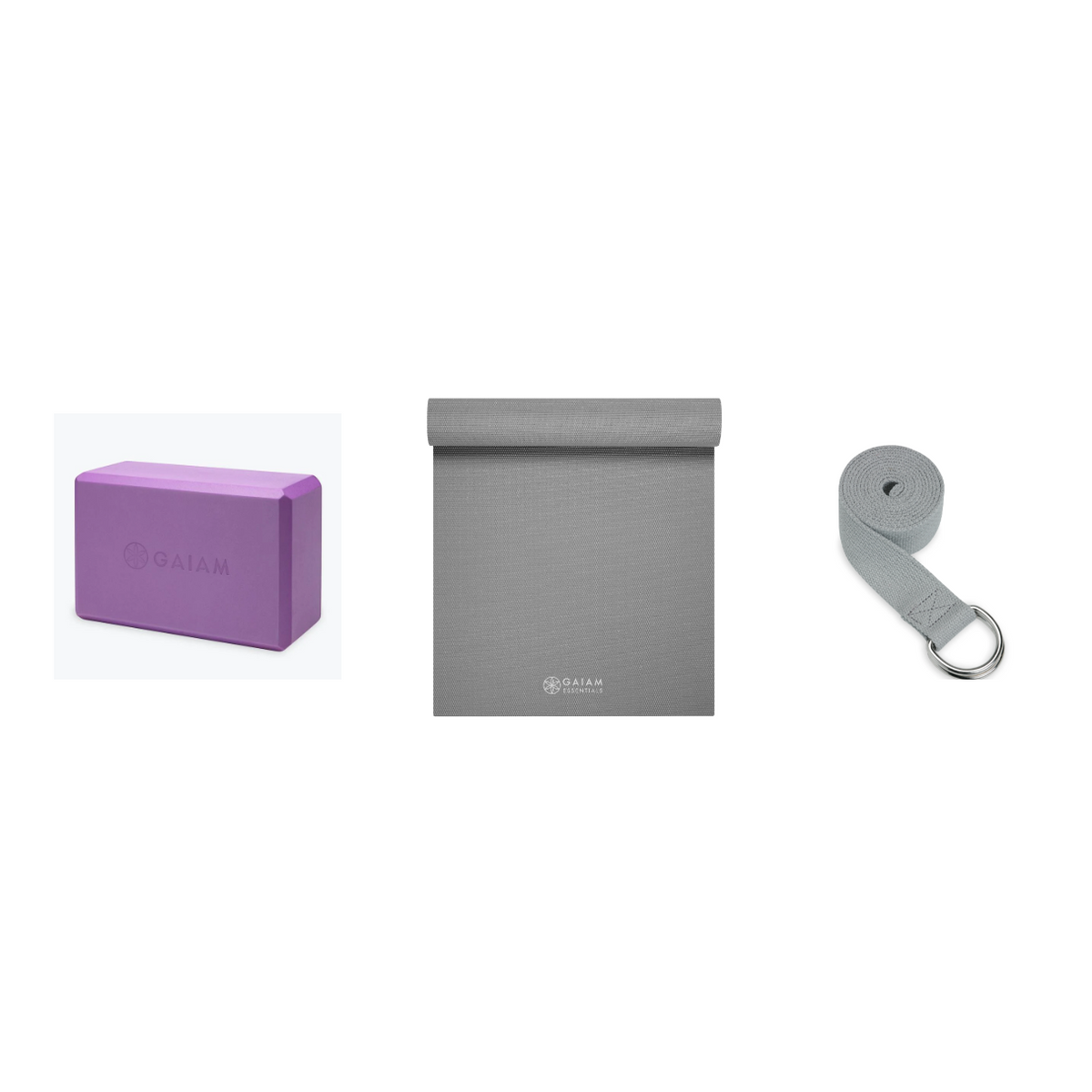 Yoga Bundle - Block (Light Purple), Mat (Grey), Strap (Grey)