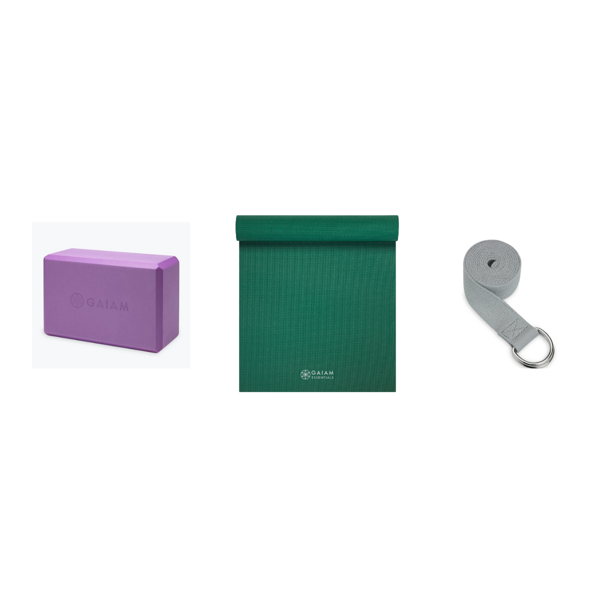 Yoga Bundle - Block (Light Purple), Mat (Green), Strap (Grey)