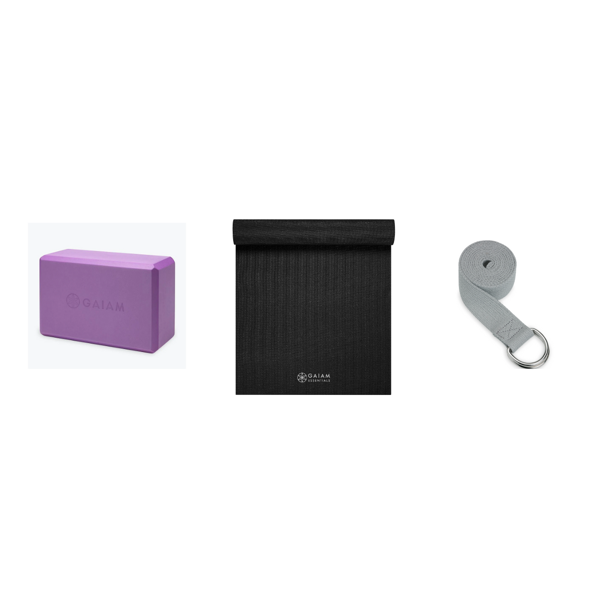 Yoga Bundle - Block (Light Purple), Mat (Black), Strap (Grey)