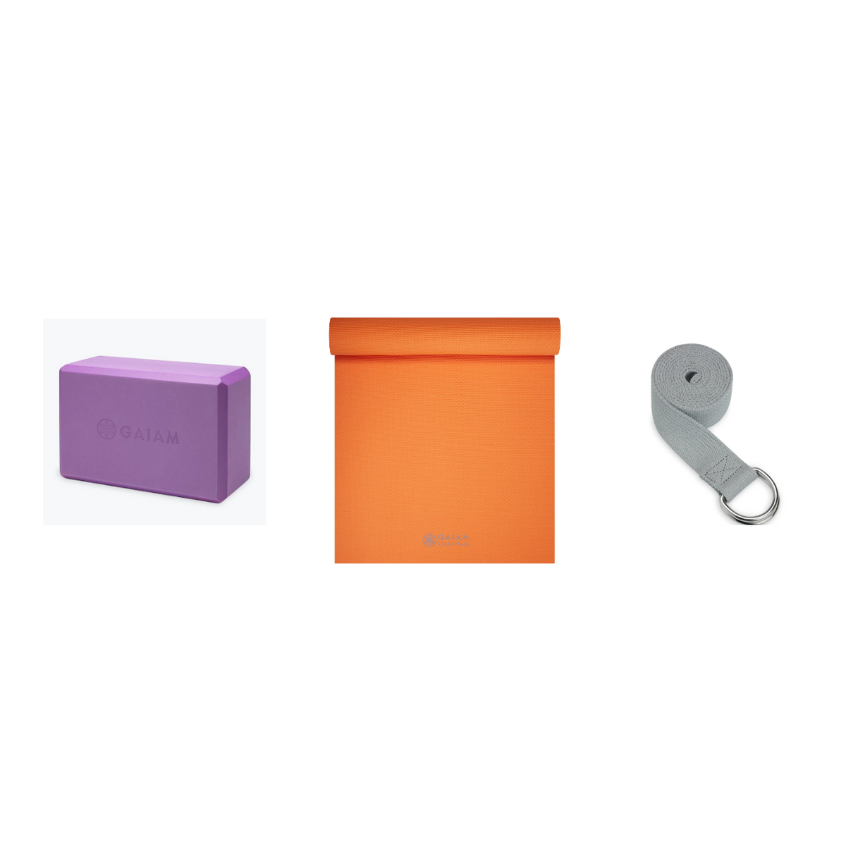 Yoga Bundle - Block (Light Purple), Mat (Orange), Strap (Grey)
