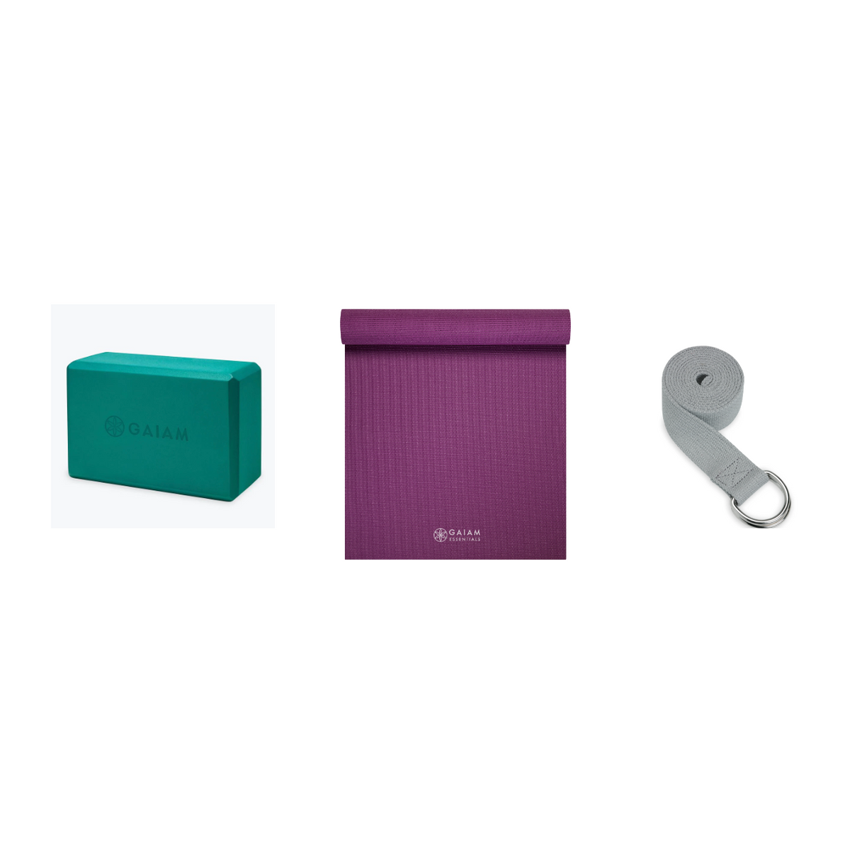 Yoga Bundle - Block (Lush Teal), Mat (Purple), Strap (Grey)