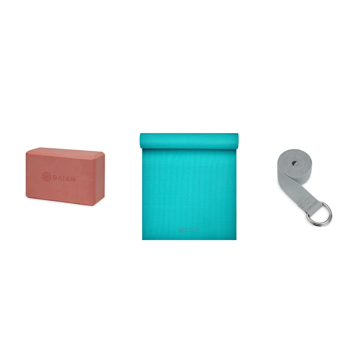 Yoga Bundle - Block (Very Coral), Mat (Teal), Strap (Grey)