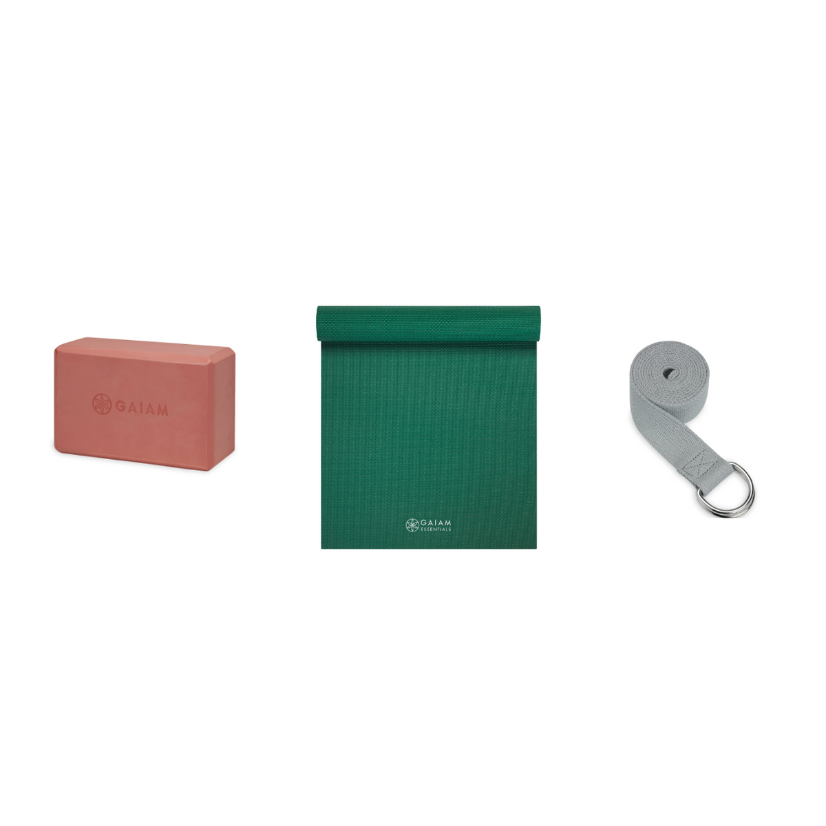 Yoga Bundle - Block (Very Coral), Mat (Green), Strap (Grey)