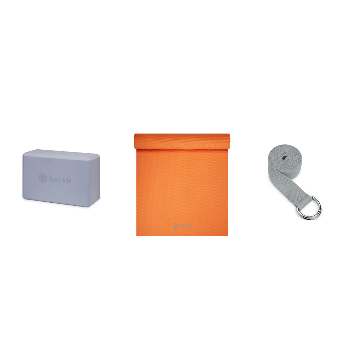 Yoga Bundle - Block (Wild Lilac), Mat (Orange), Strap (Grey)