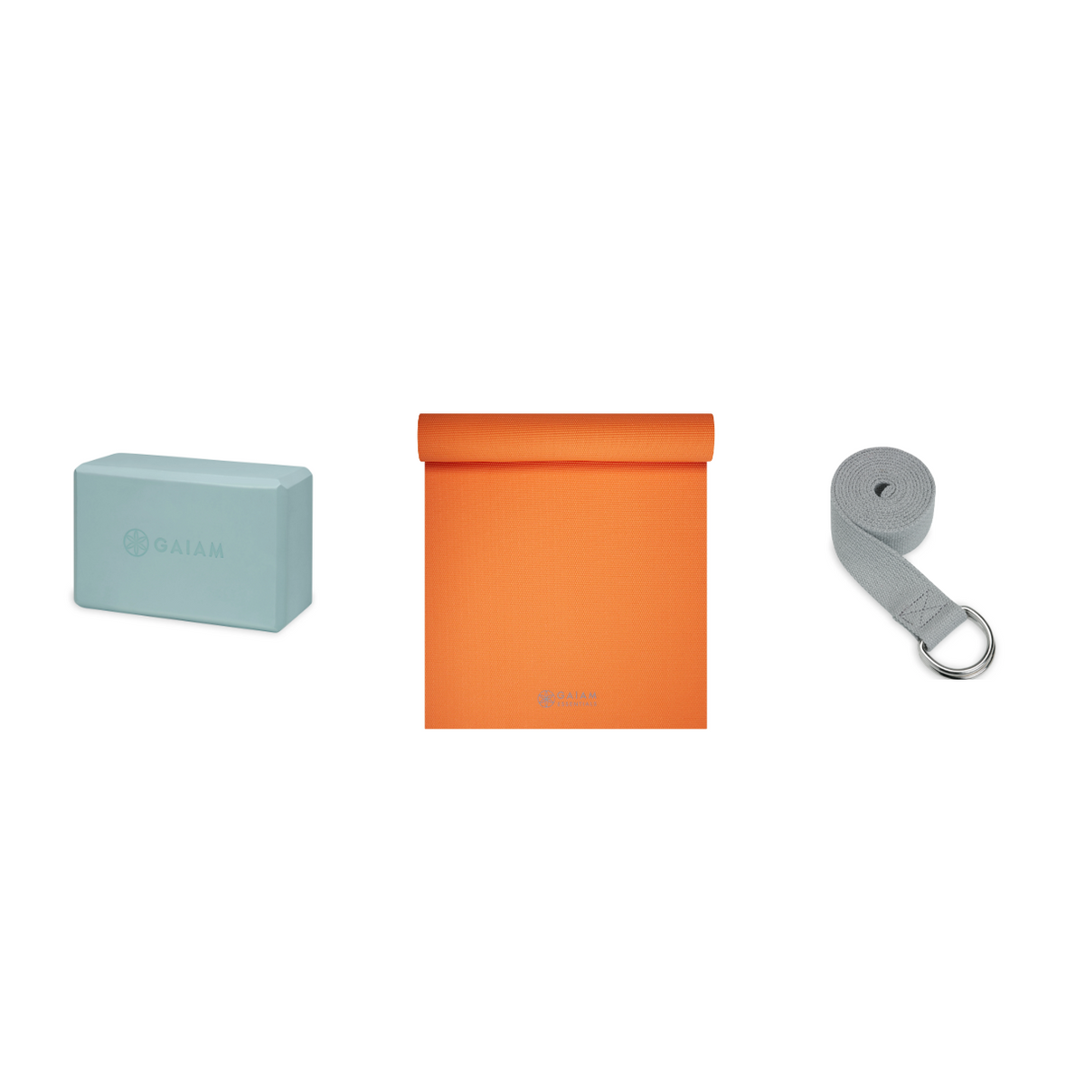 Yoga Bundle - Block (Morning Dew), Mat (Orange), Strap (Grey)