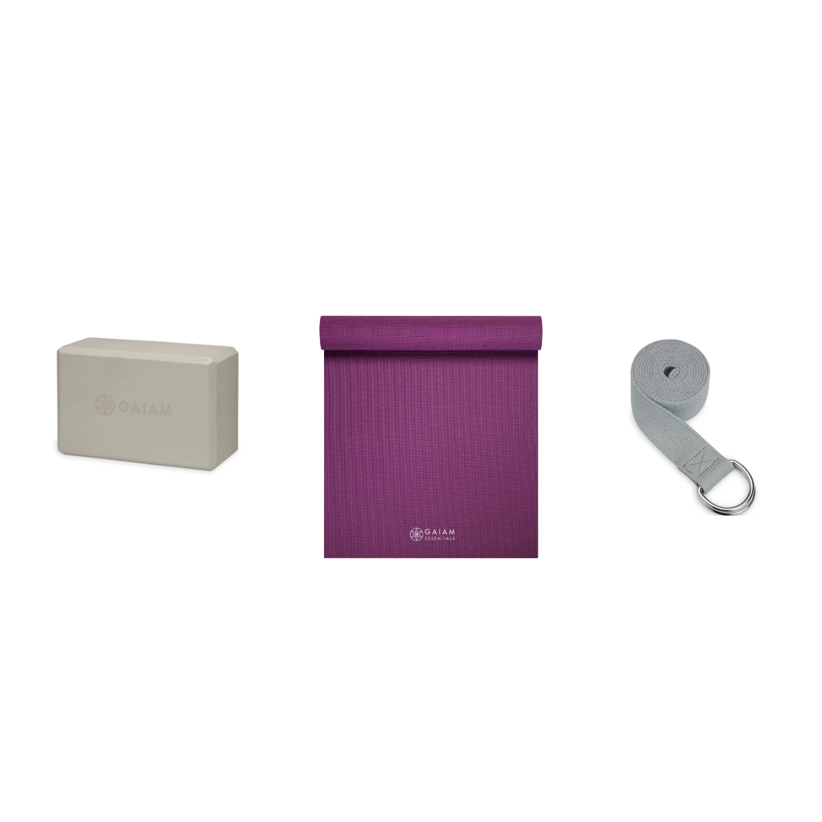 Yoga Bundle - Block (Sandstone), Mat (Purple), Strap (Grey)