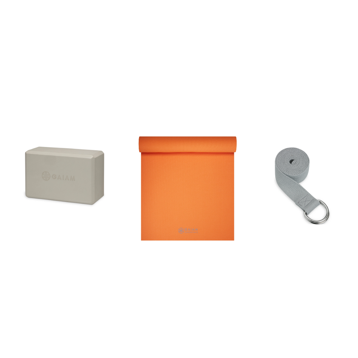 Yoga Bundle - Block (Sandstone), Mat (Orange), Strap (Grey)