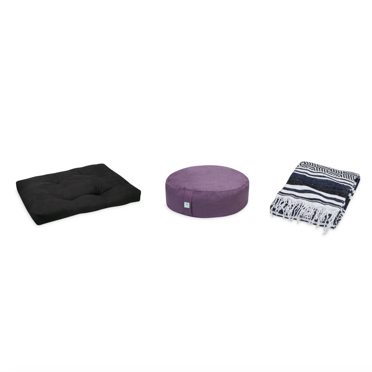 Meditation Bundle - Zabuton (Black), Zafu (Purple), Blanket (Black/Navy)