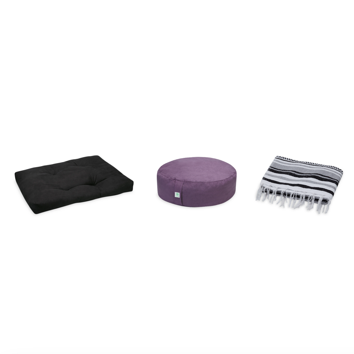 Meditation Bundle - Zabuton (Black), Zafu (Purple), Blanket (Black/Grey)