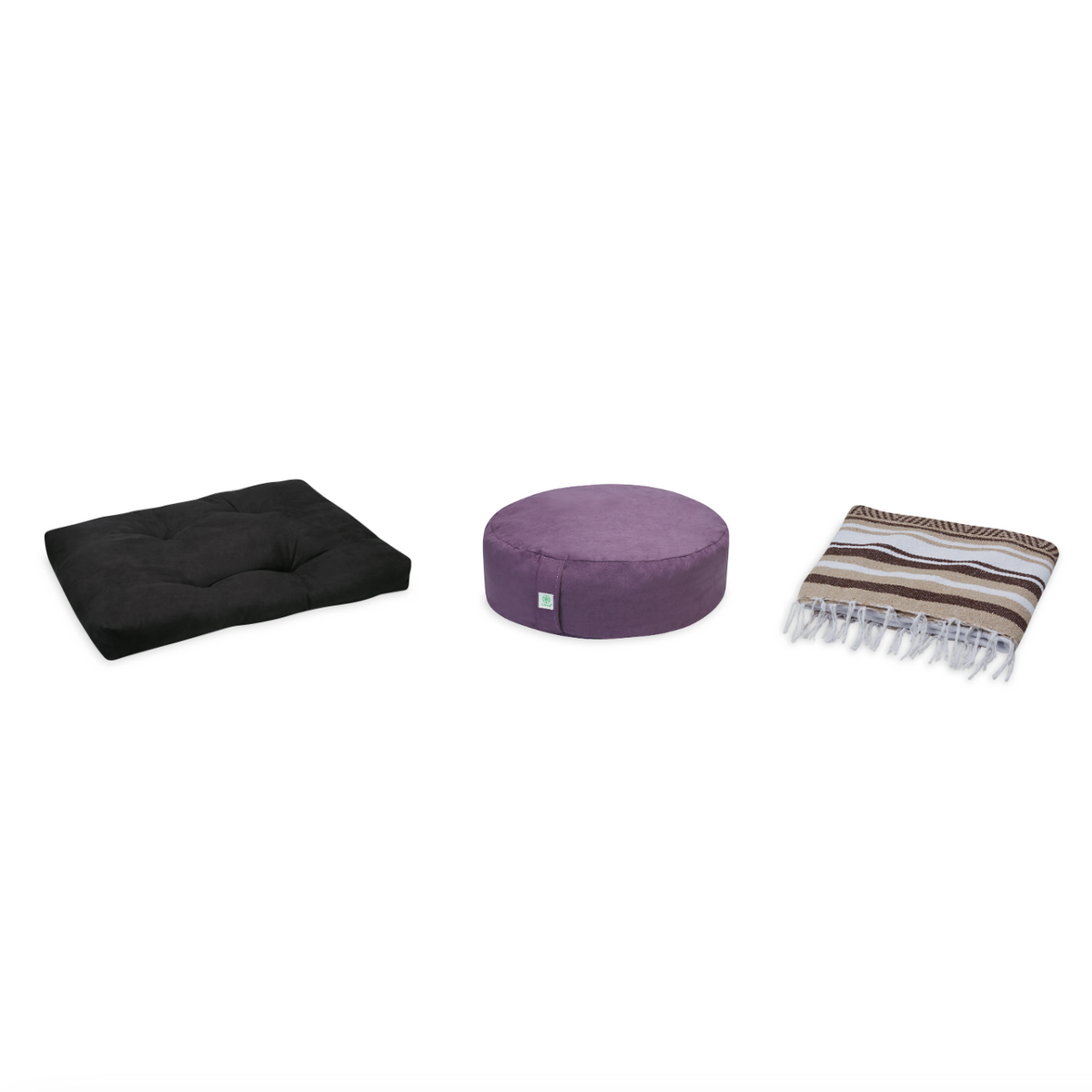 Meditation Bundle - Zabuton (Black), Zafu (Purple), Blanket (Tan/Brown)