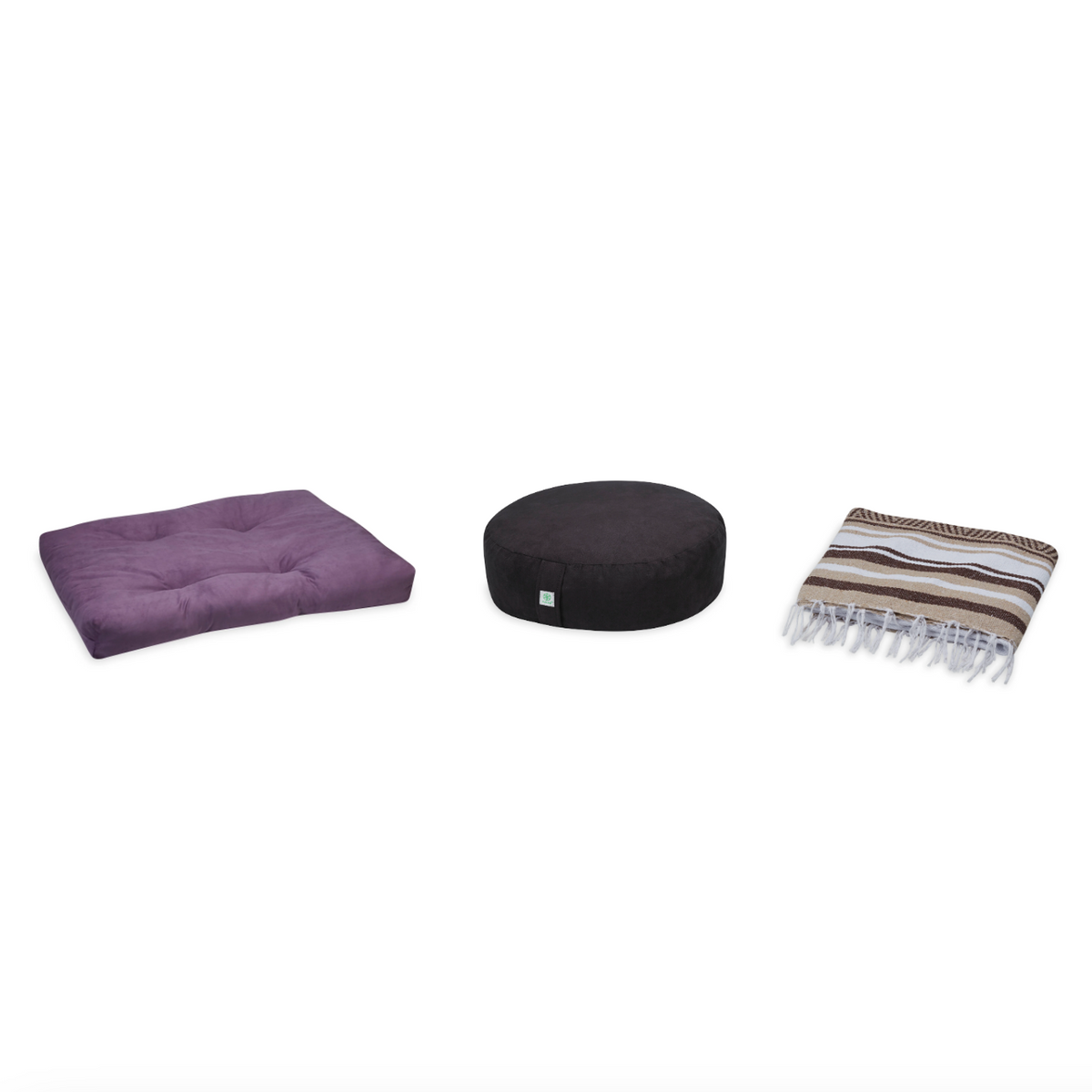 Meditation Bundle - Zabuton (Purple), Zafu (Black), Blanket (Tan/Brown)
