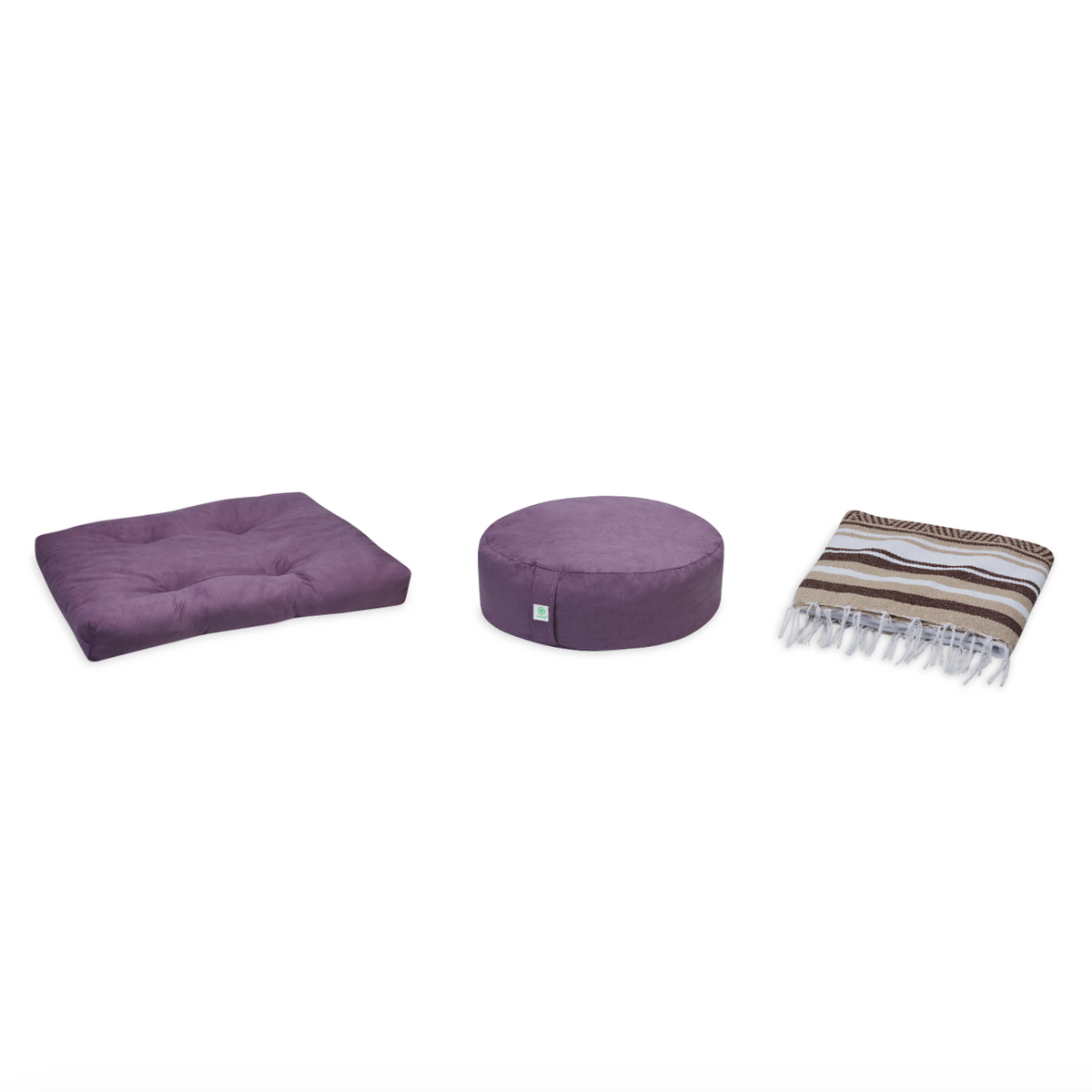Meditation Bundle - Zabuton (Purple), Zafu (Purple), Blanket (Tan/Brown)
