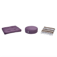 Meditation Bundle - Zabuton (Purple), Zafu (Purple), Blanket (Tan/Brown)
