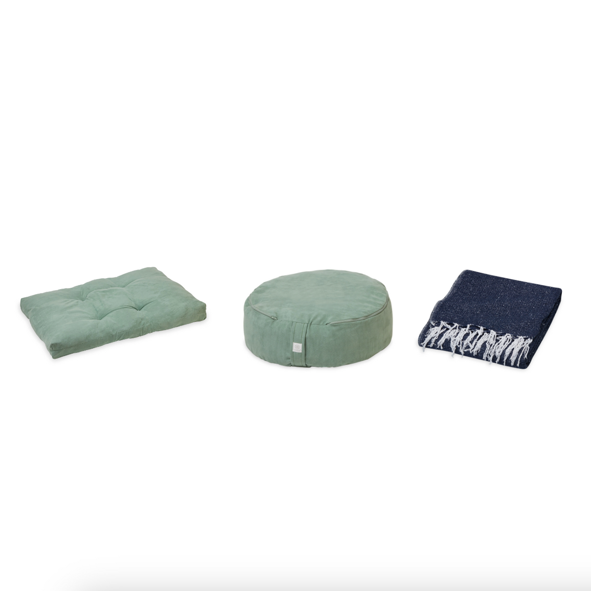 Meditation Bundle - Zabuton (Sage), Zafu (Sage), Blanket (Navy)